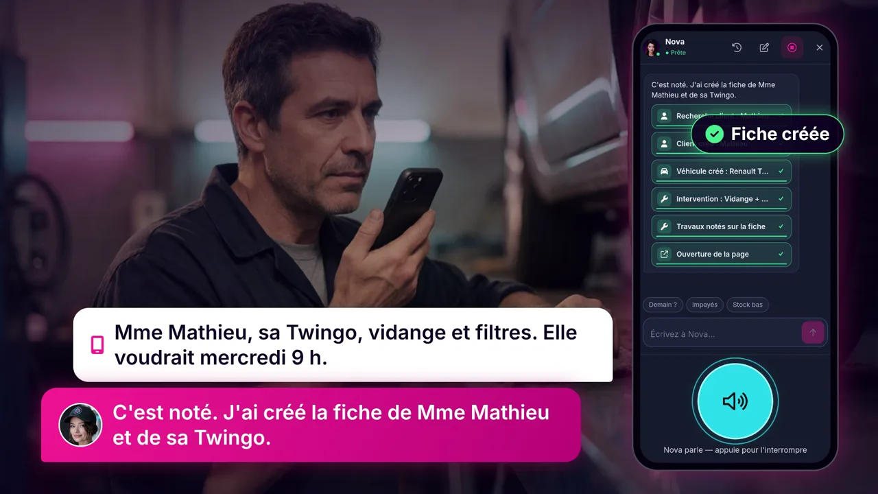 Un garagiste parle à son téléphone, Nova crée la fiche du client